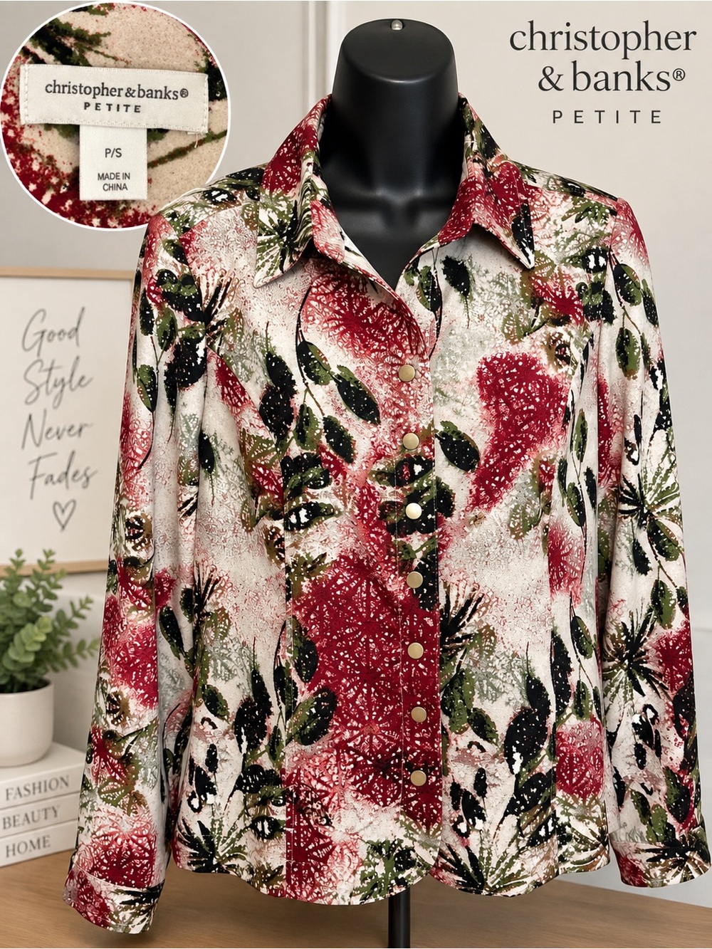 Christopher & Banks Red Floral Button-Front Blouse